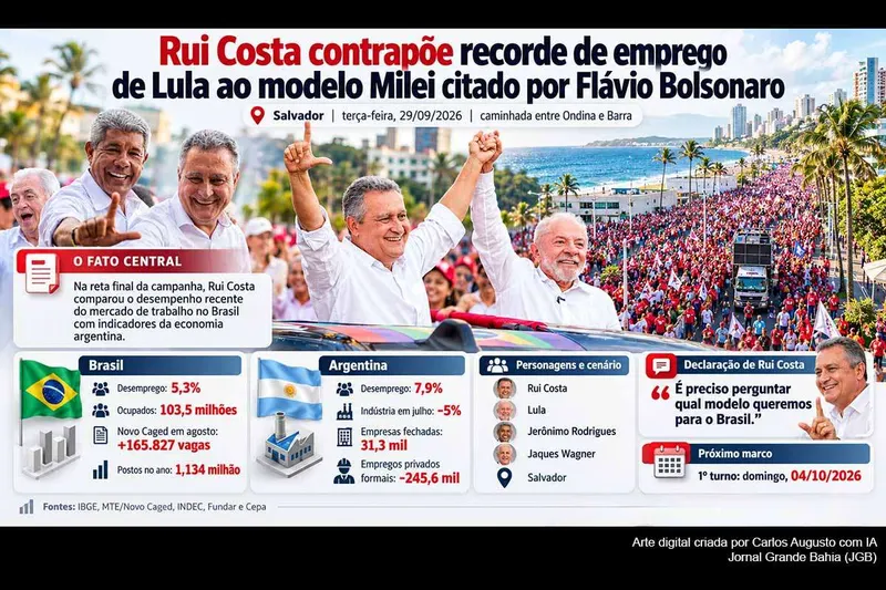 Rui Costa associa Lula a 103,5 mi de ocupados e critica Flávio Bolsonaro por Milei